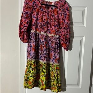 Anthropologie Pink and Yellow Floral Midi Dress